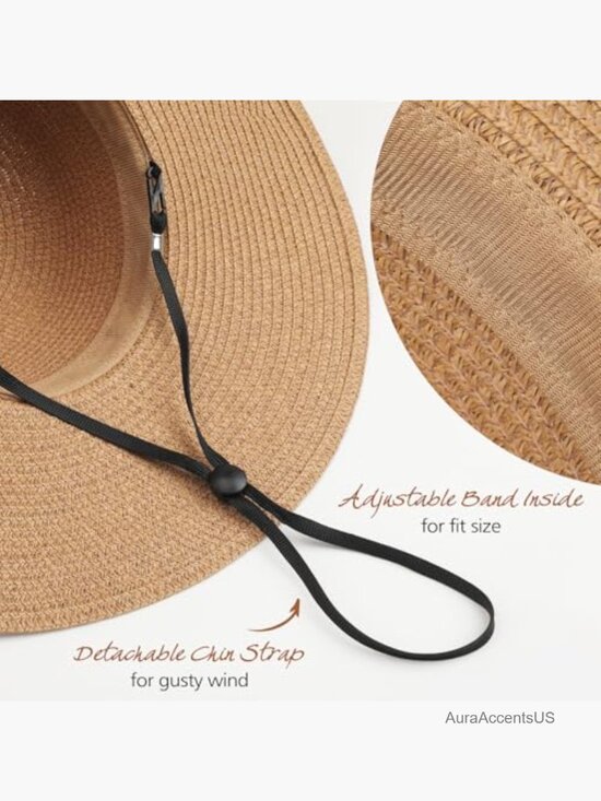 Foldable Wide Brim Straw Sun Hat with Wind Lanyard UPF 50+ Beach Travel main image 4
